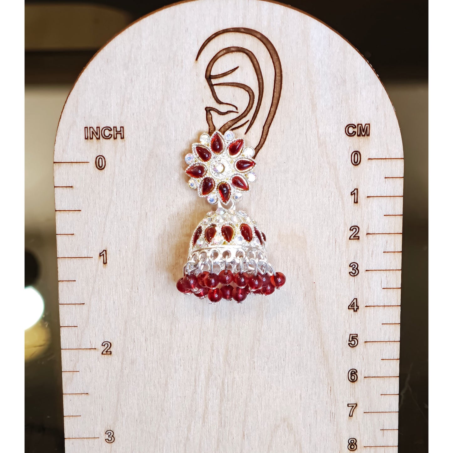 Dark Red Silver Toned Floral Jhumki