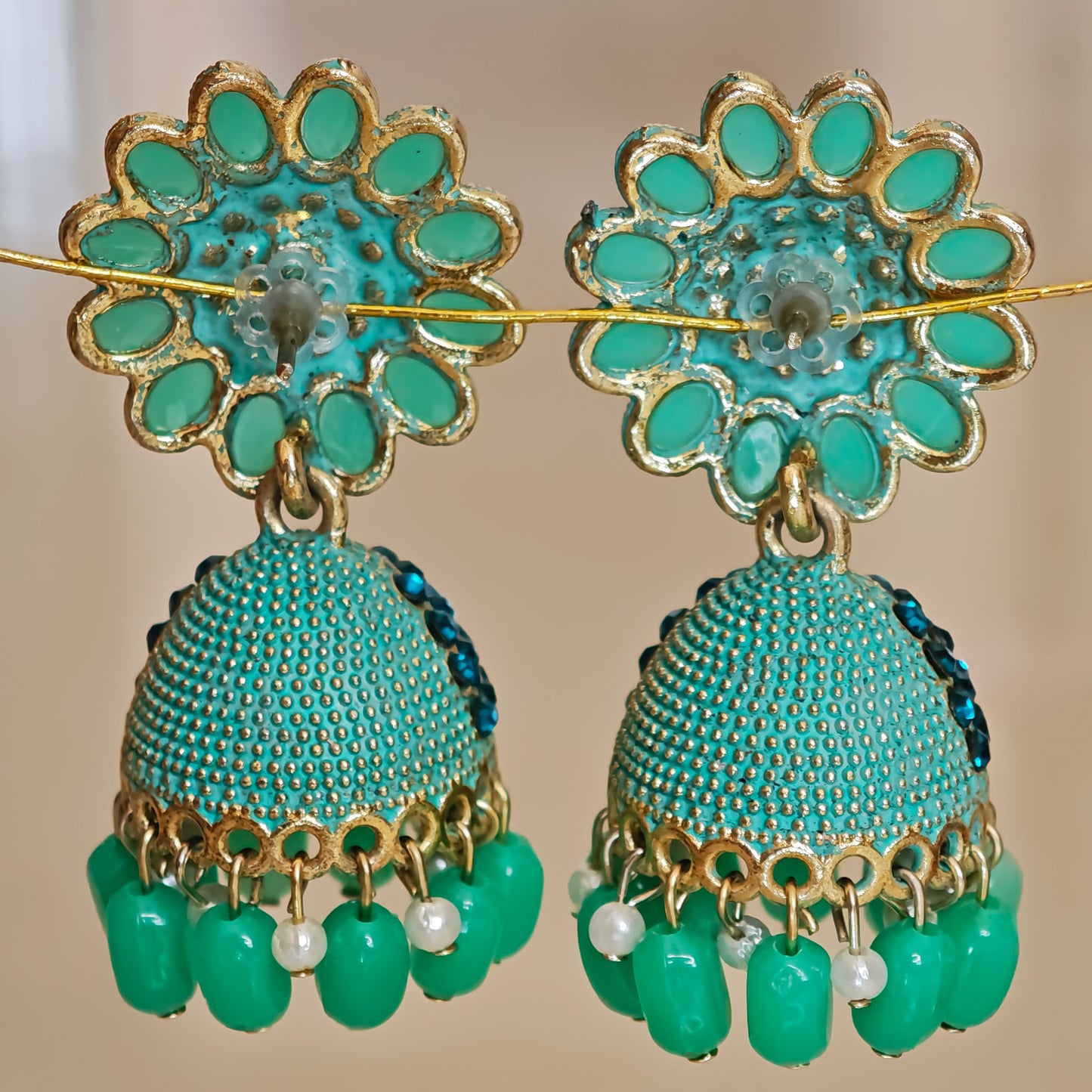 Emerald Green Floral blue stones Jhumki