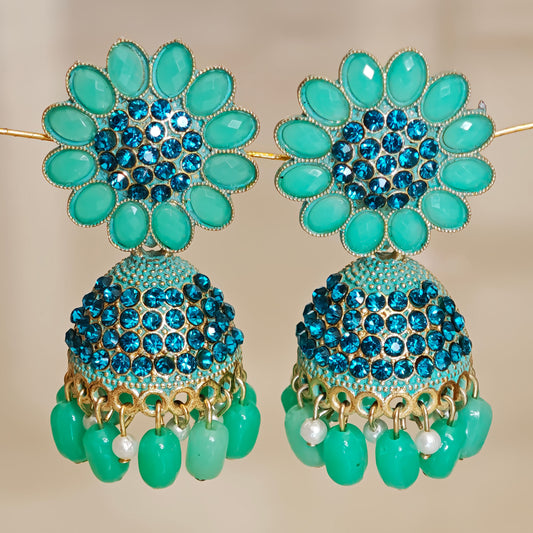 Emerald Green Floral blue stones Jhumki