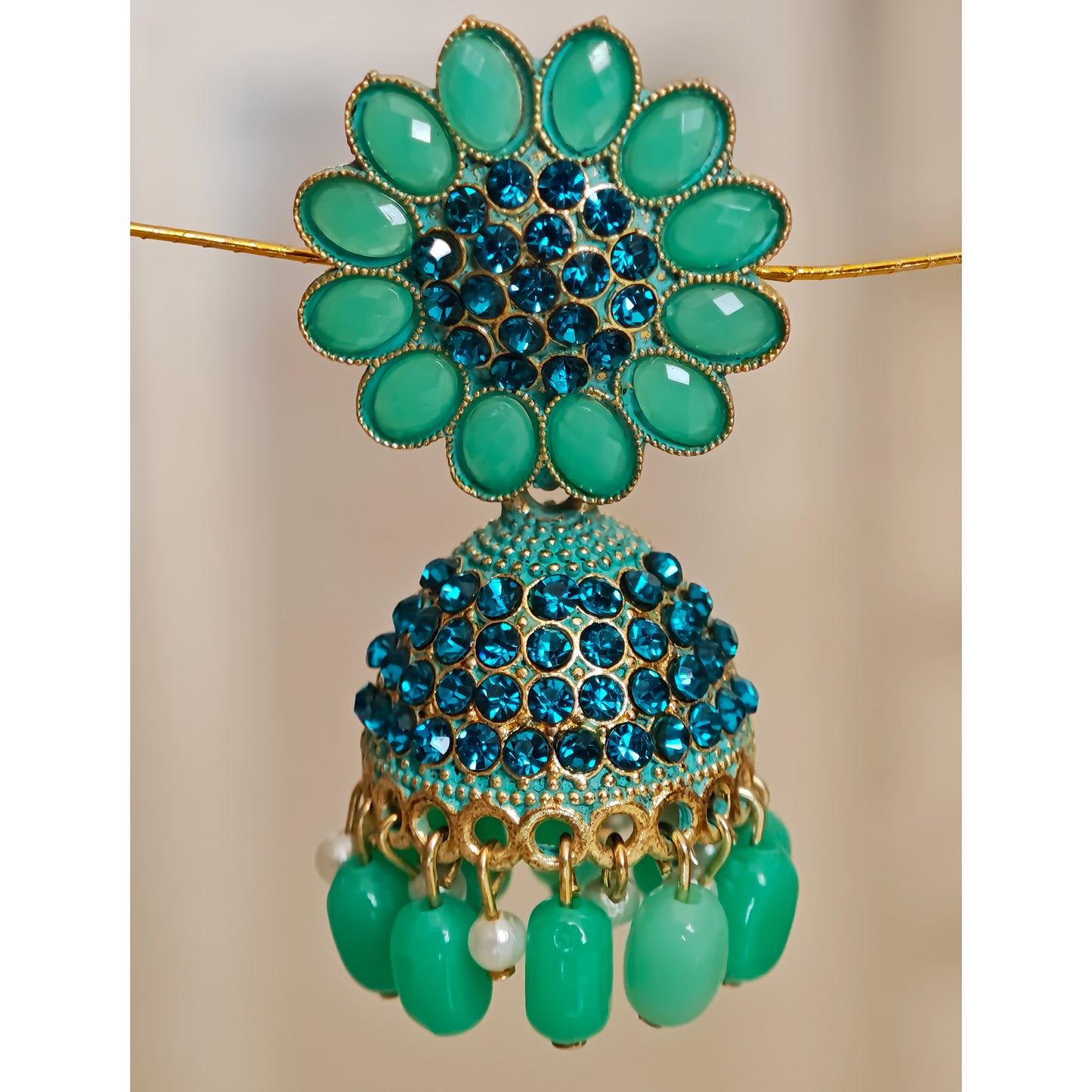 Emerald Green Floral blue stones Jhumki