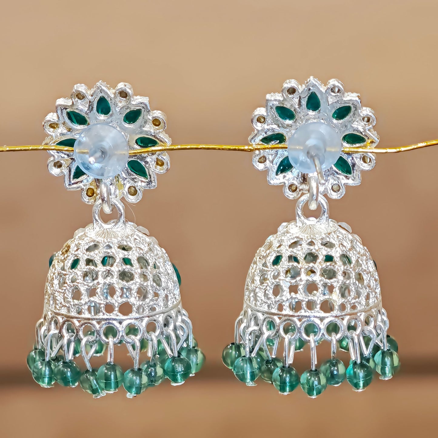 Emerald Green Silver Toned Floral Jhumki