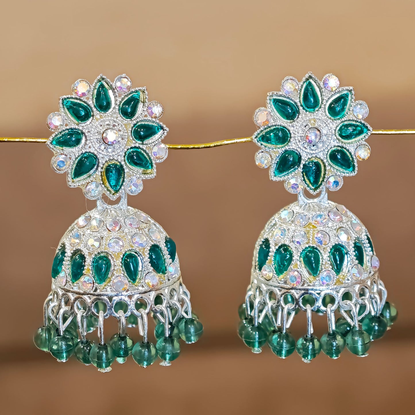 Emerald Green Silver Toned Floral Jhumki