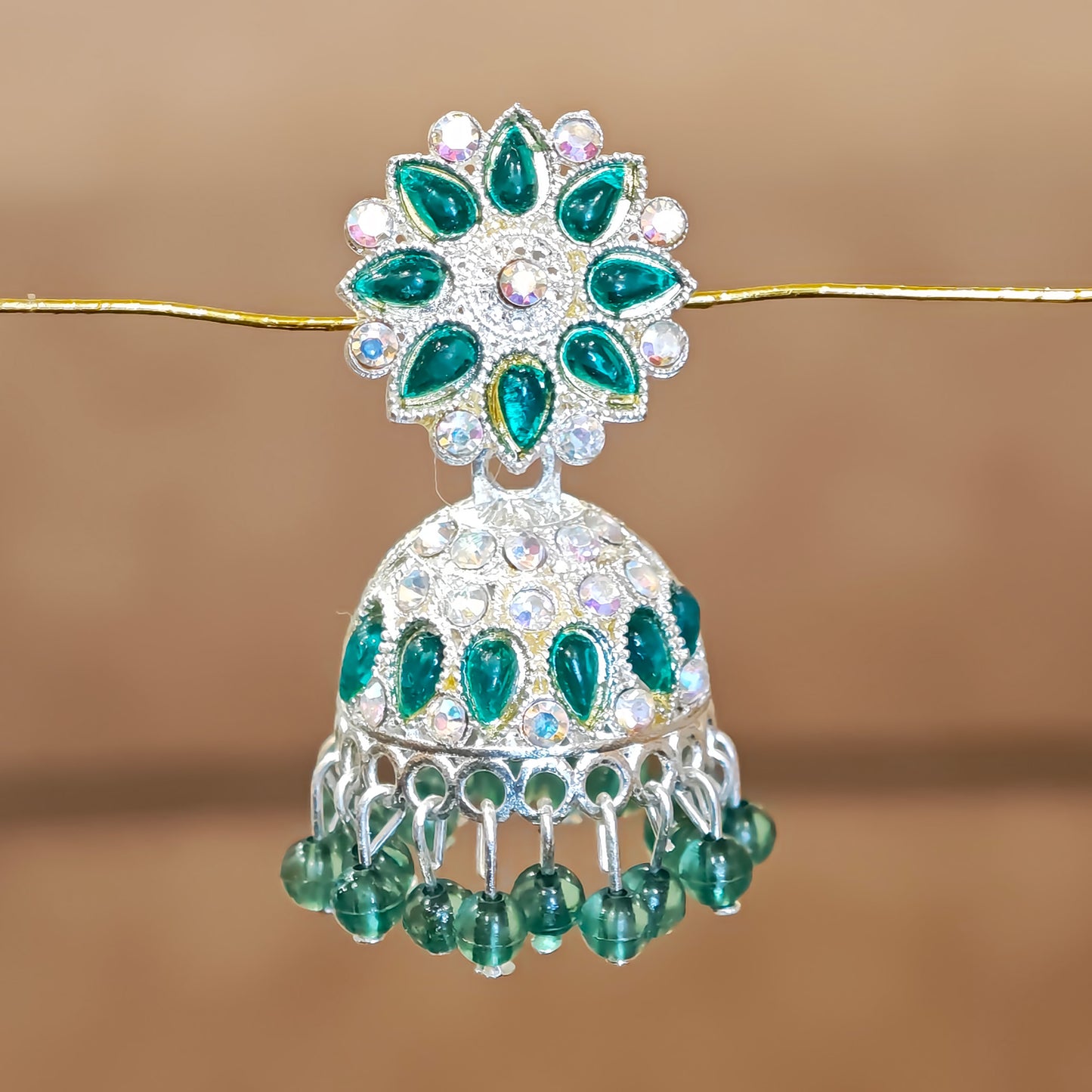 Emerald Green Silver Toned Floral Jhumki