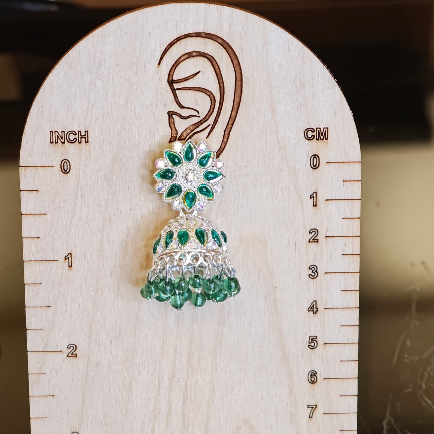 Emerald Green Silver Toned Floral Jhumki