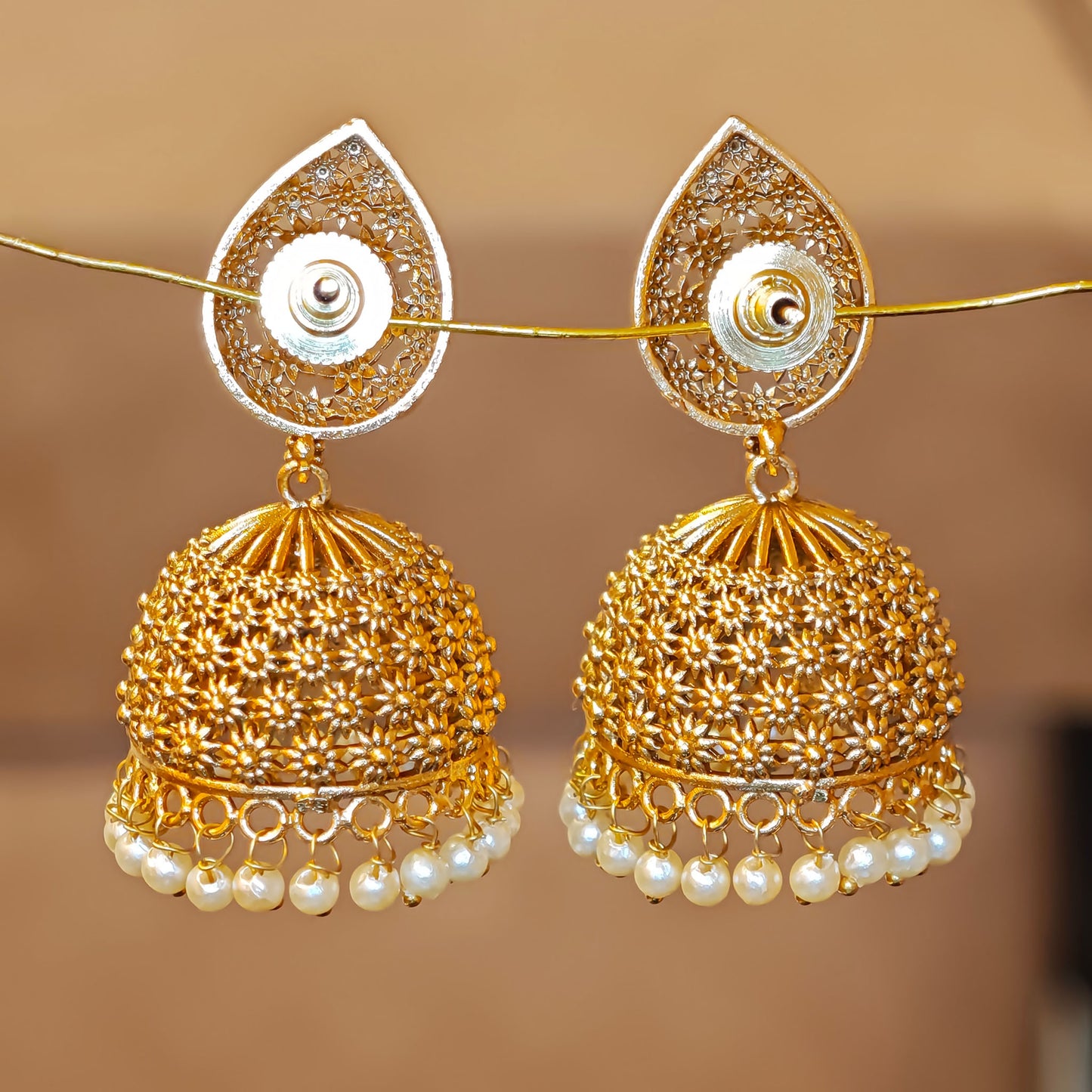 Floral Mesh Leaf shaped Golden Pearl Jhumki