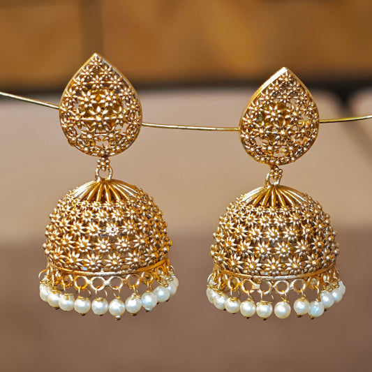 Floral Mesh Leaf shaped Golden Pearl Jhumki