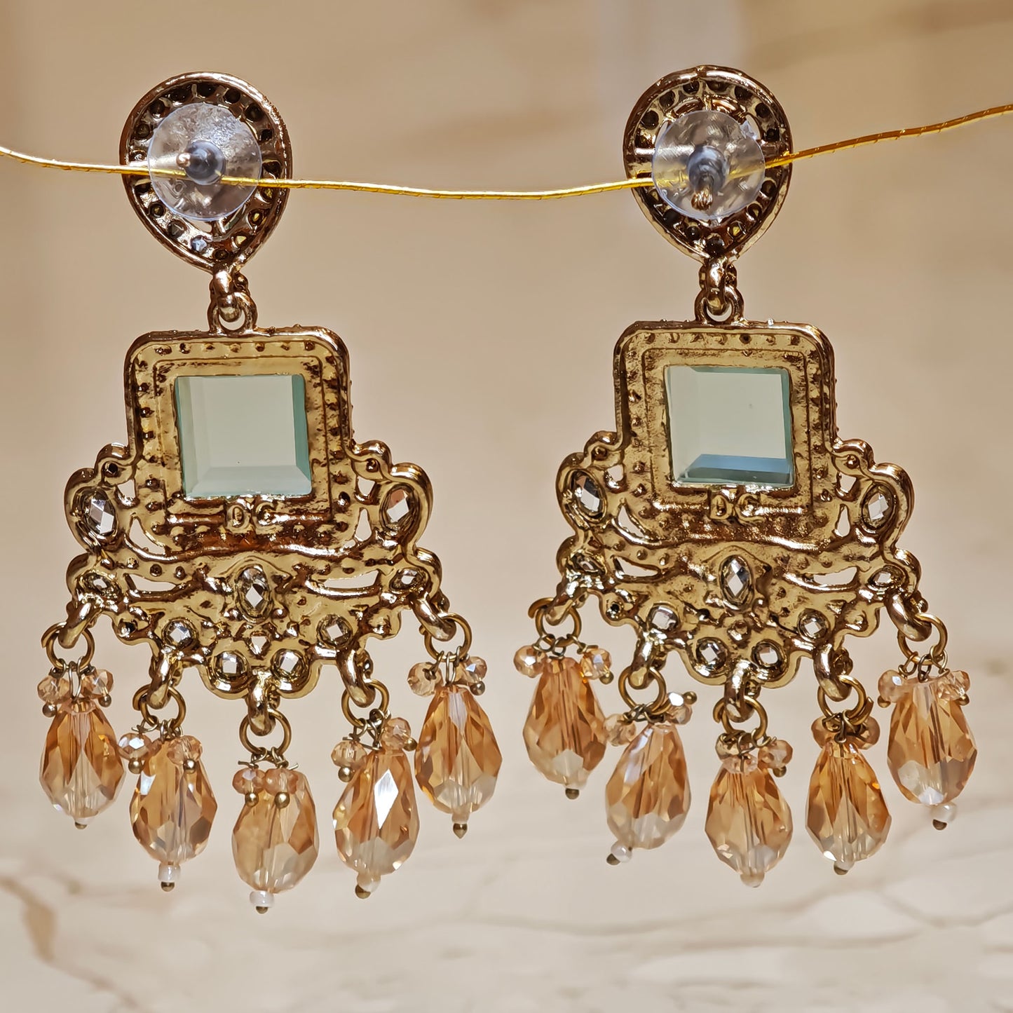 Green Kundan Square Shaped Dangler