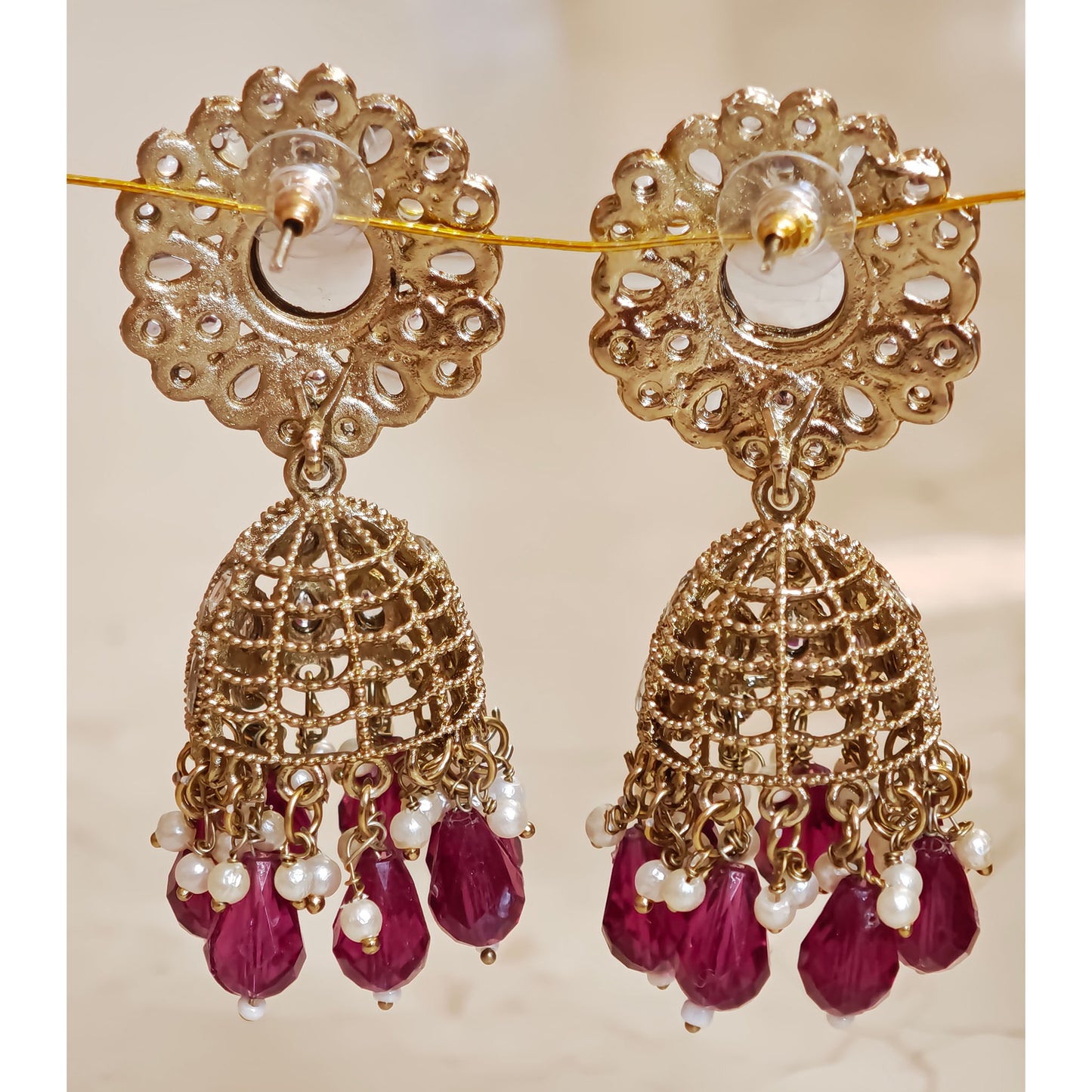 Magenta Kundan Floral Jaali Jhumki
