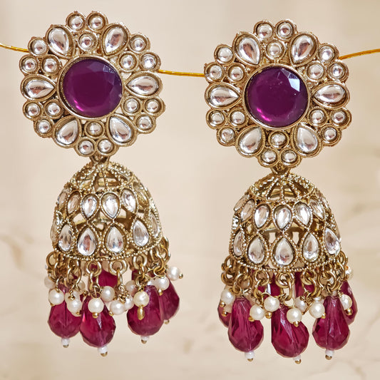 Magenta Kundan Floral Jaali Jhumki