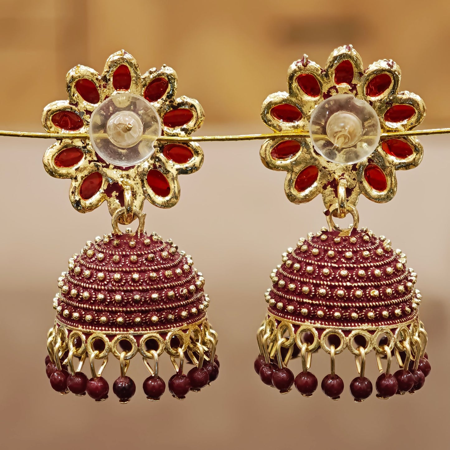 Maroon Floral Top Dome Jhumki