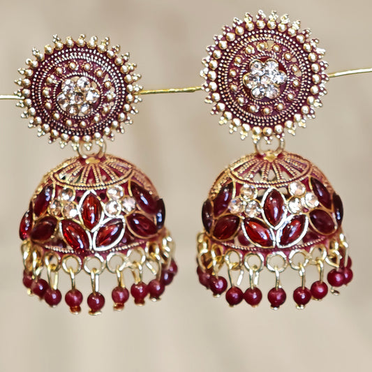 Maroon Round Jaali Jhumki