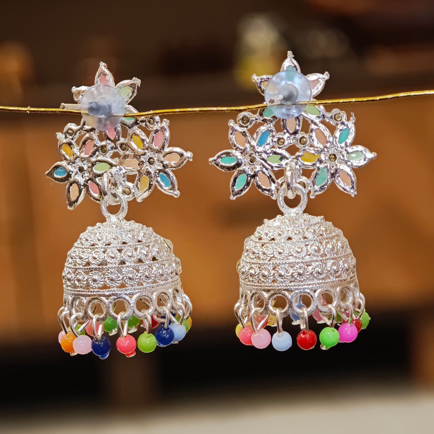 Multicoloured Floral Medium Silver Toned Jhumki