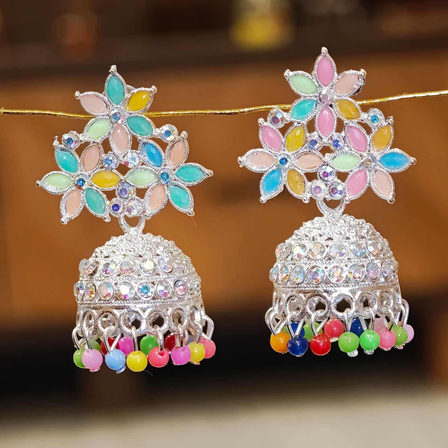 Multicoloured Floral Medium Silver Toned Jhumki