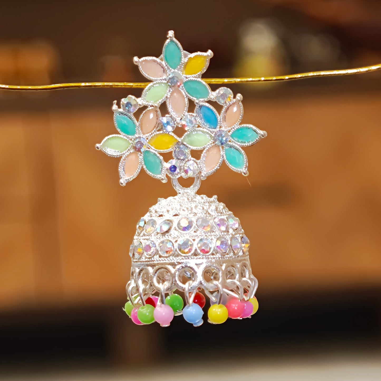 Multicoloured Floral Medium Silver Toned Jhumki