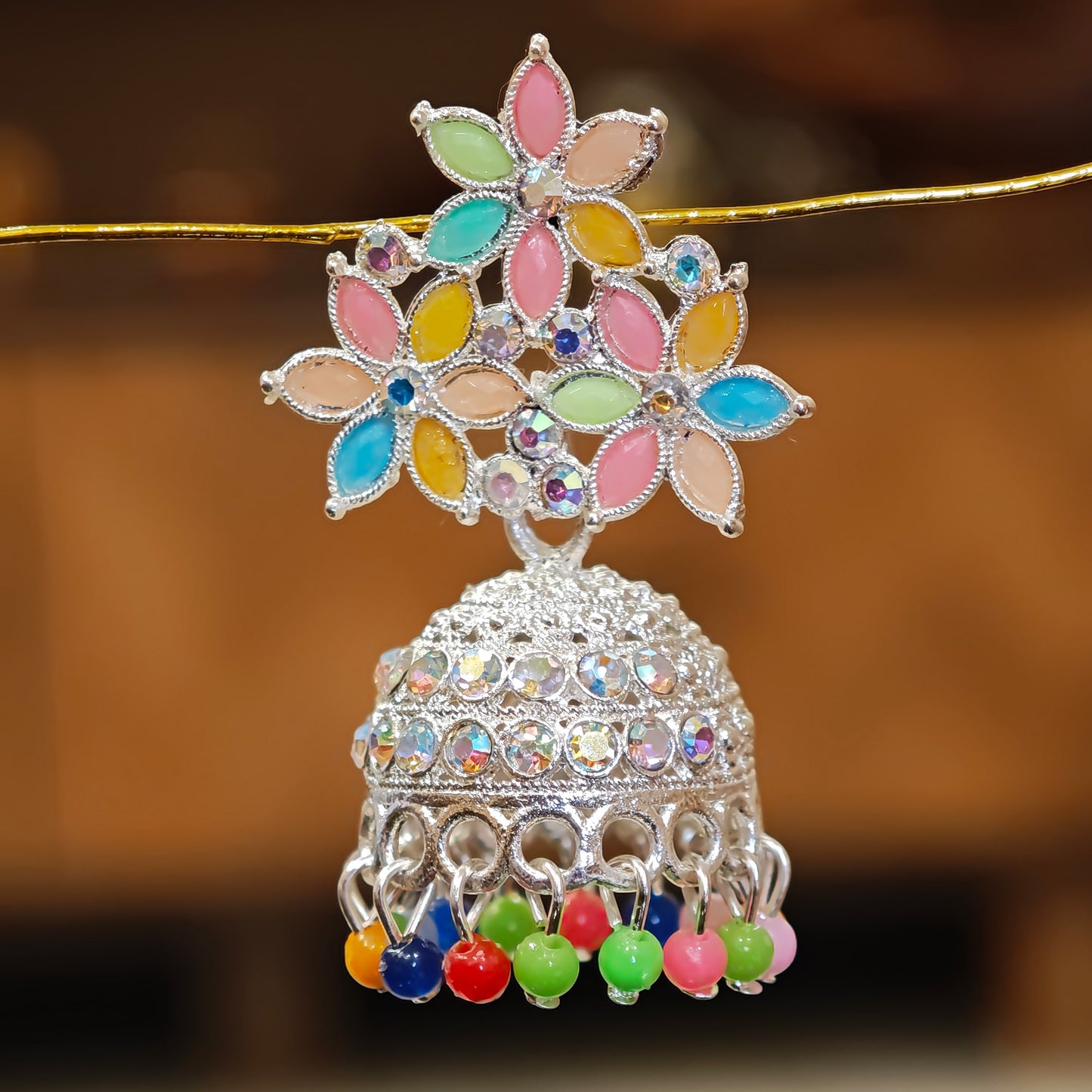 Multicoloured Floral Medium Silver Toned Jhumki