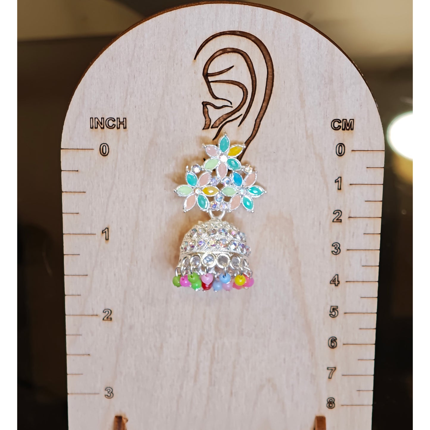 Multicoloured Floral Medium Silver Toned Jhumki