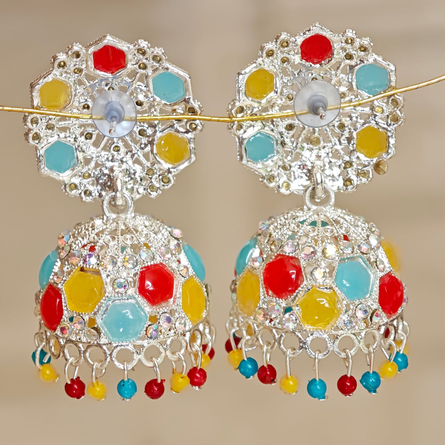 Multicoloured Silver Toned Floral Jhumki
