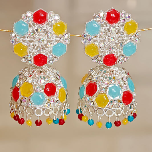 Multicoloured Silver Toned Floral Jhumki