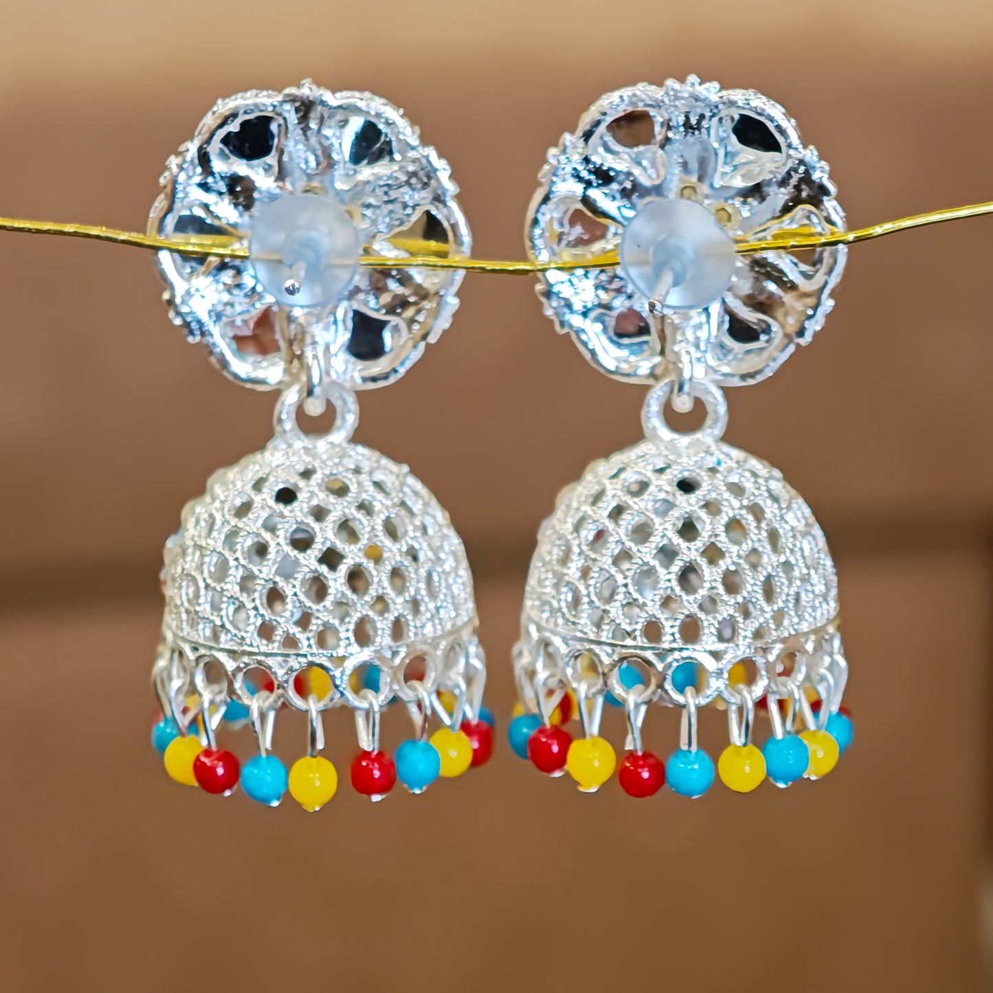 Multicoloured Silver Toned Jhumki Medium