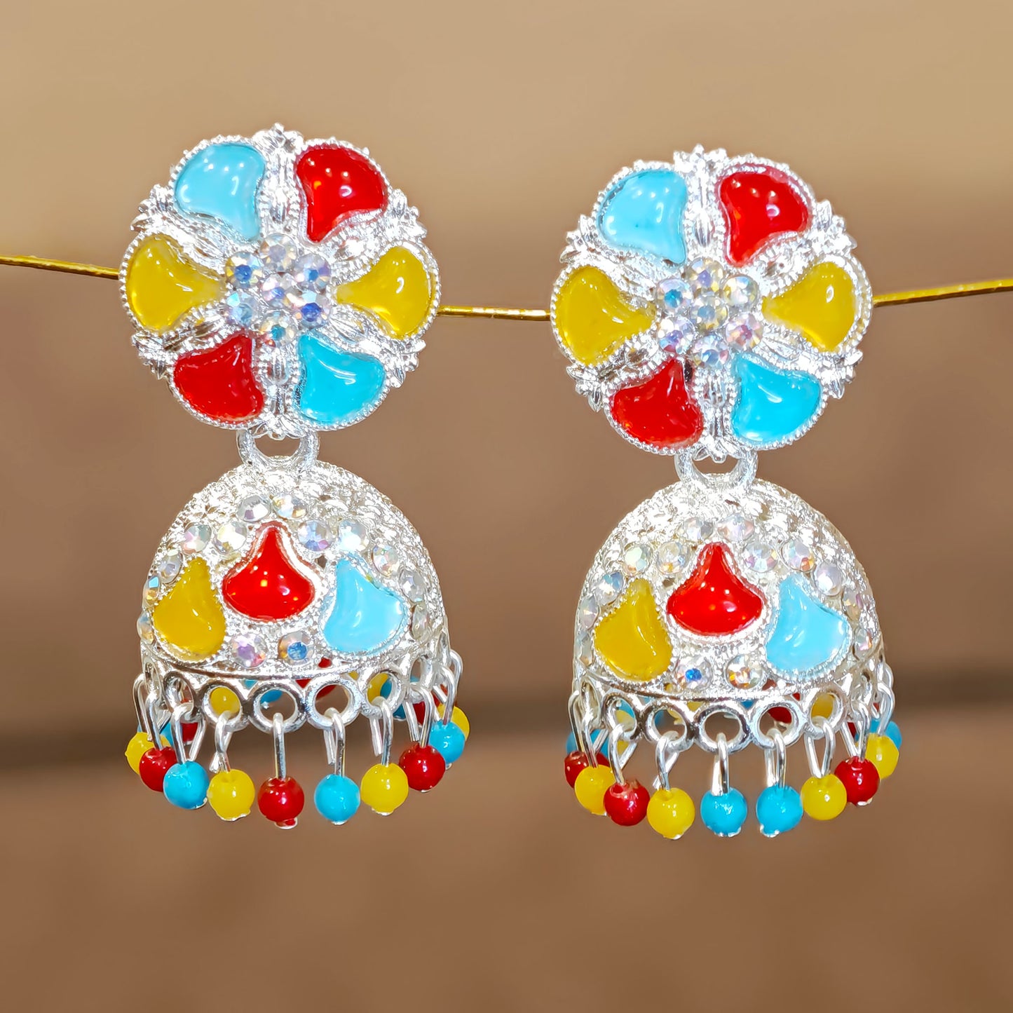 Multicoloured Silver Toned Jhumki Medium