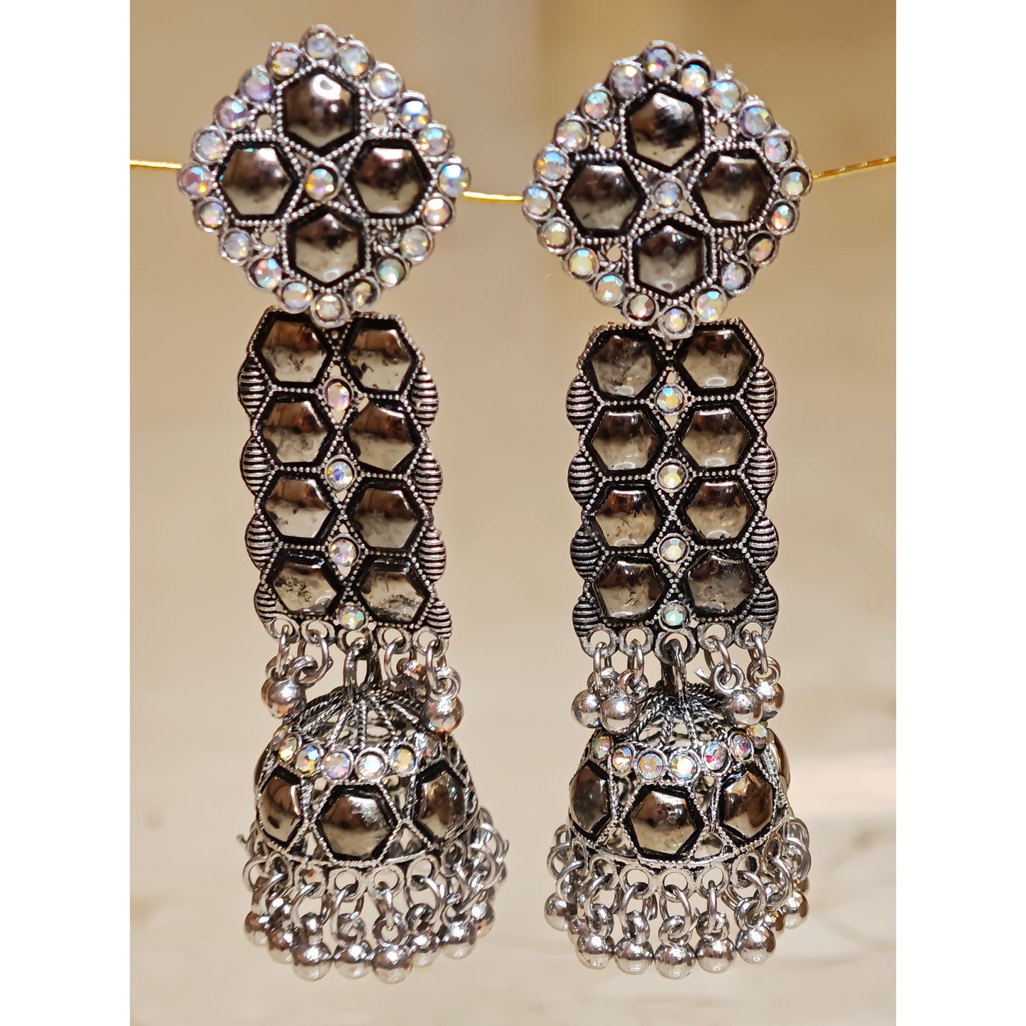 Oxidized Long Stone Jhumki