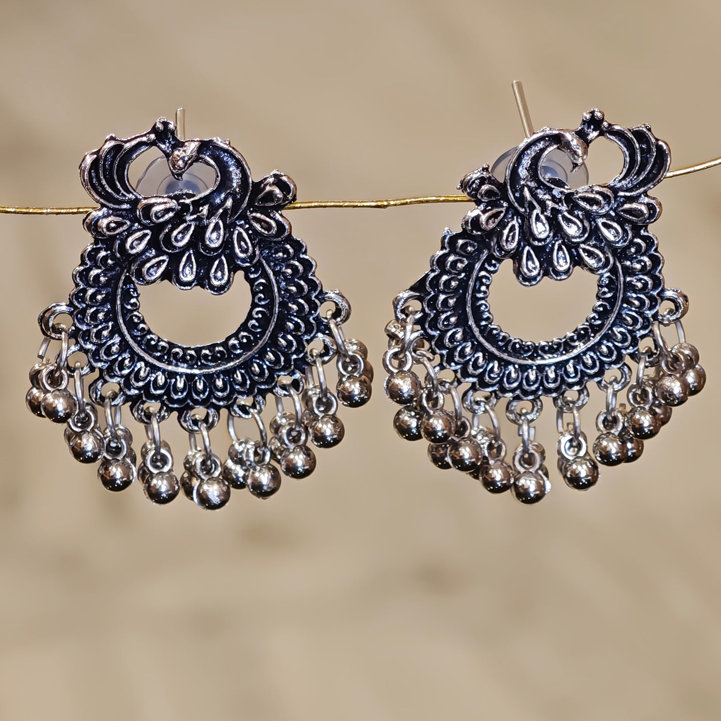 Oxidized Peacock Chandbali with Ghungroo Beads