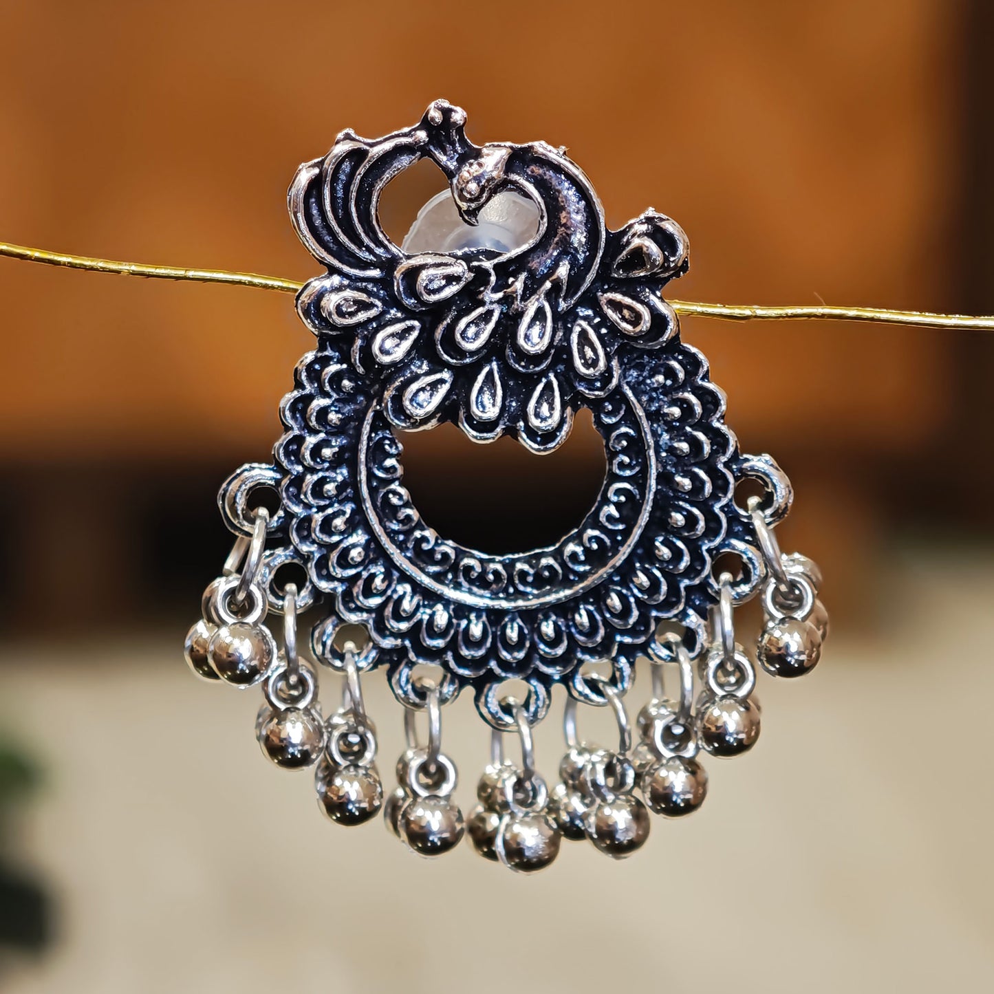 Oxidized Peacock Chandbali with Ghungroo Beads