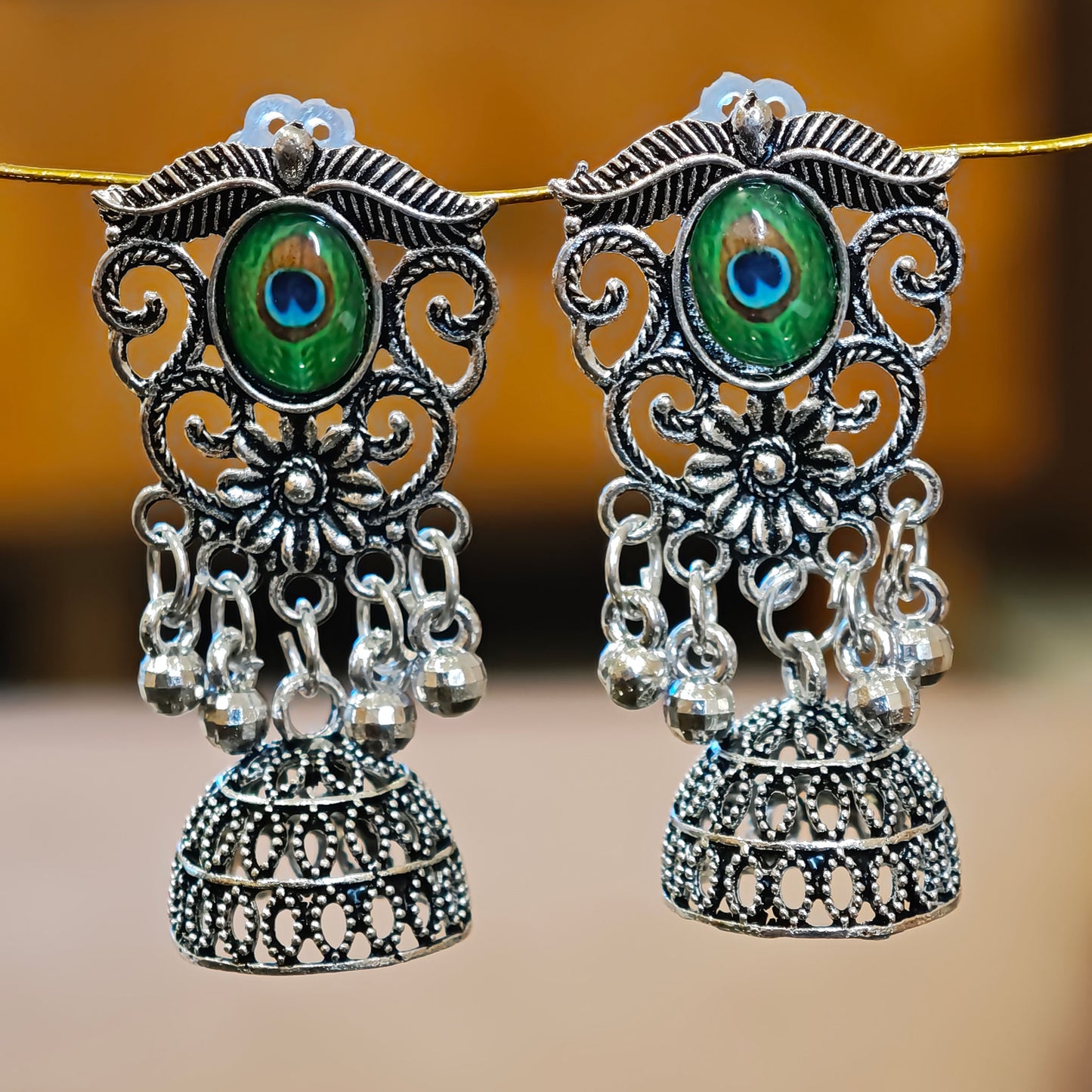 Oxidized Peacock Feather Jhumki