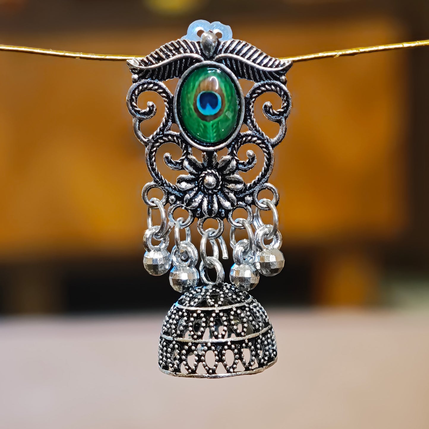 Oxidized Peacock Feather Jhumki