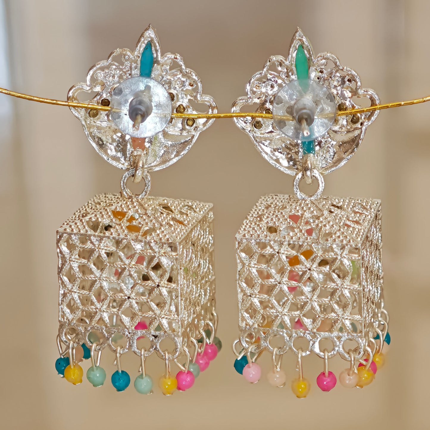 Pastel Silver Toned Square Jhumki