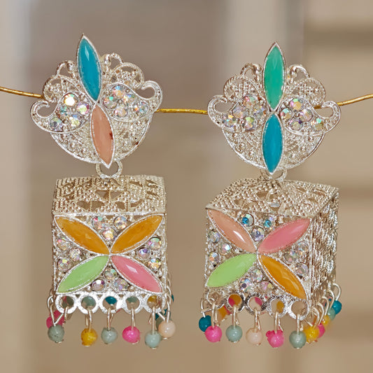 Pastel Silver Toned Square Jhumki