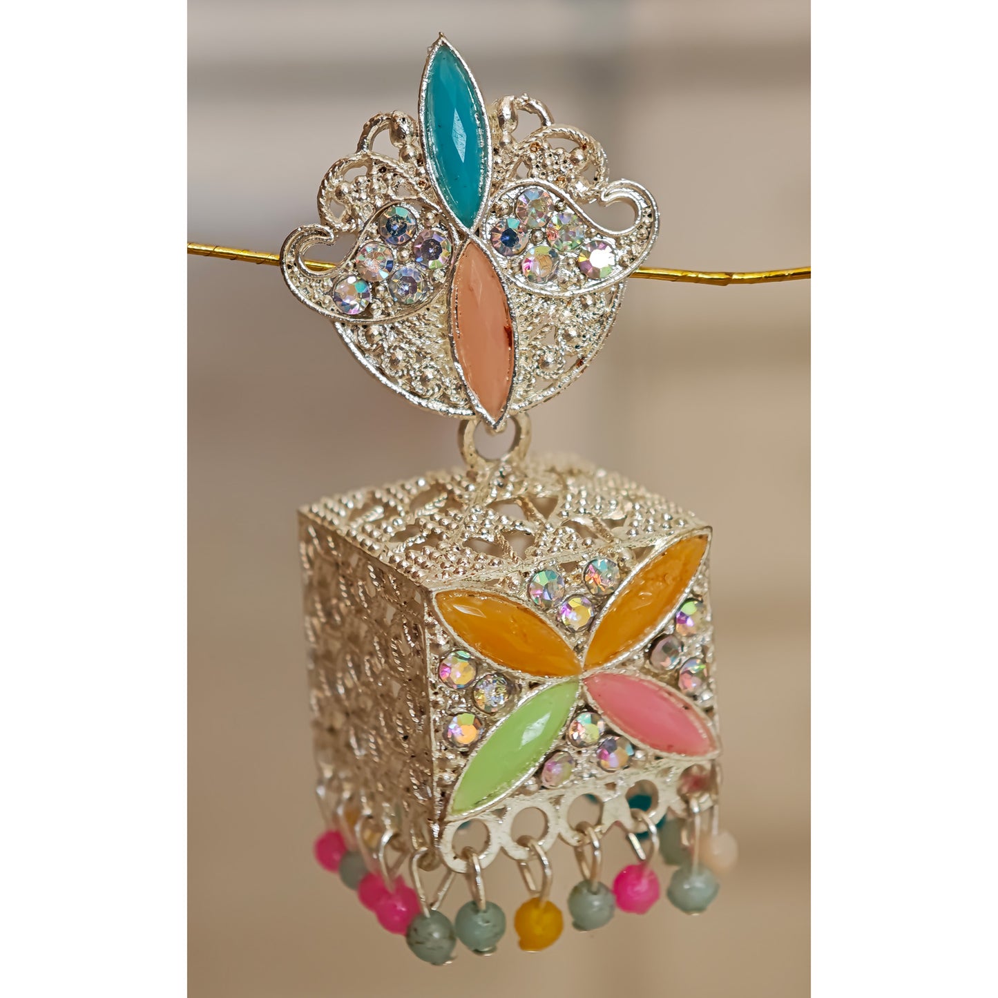 Pastel Silver Toned Square Jhumki