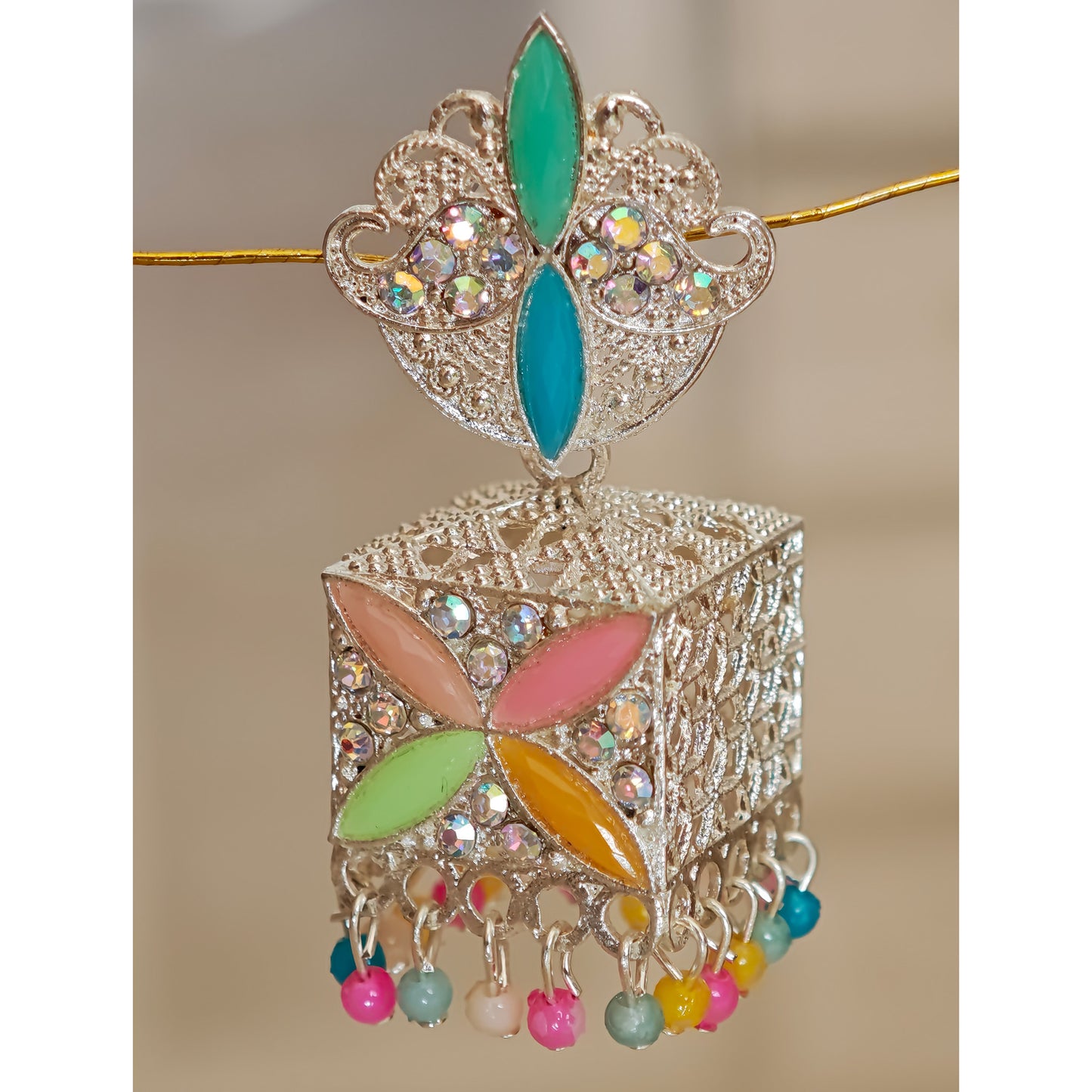 Pastel Silver Toned Square Jhumki