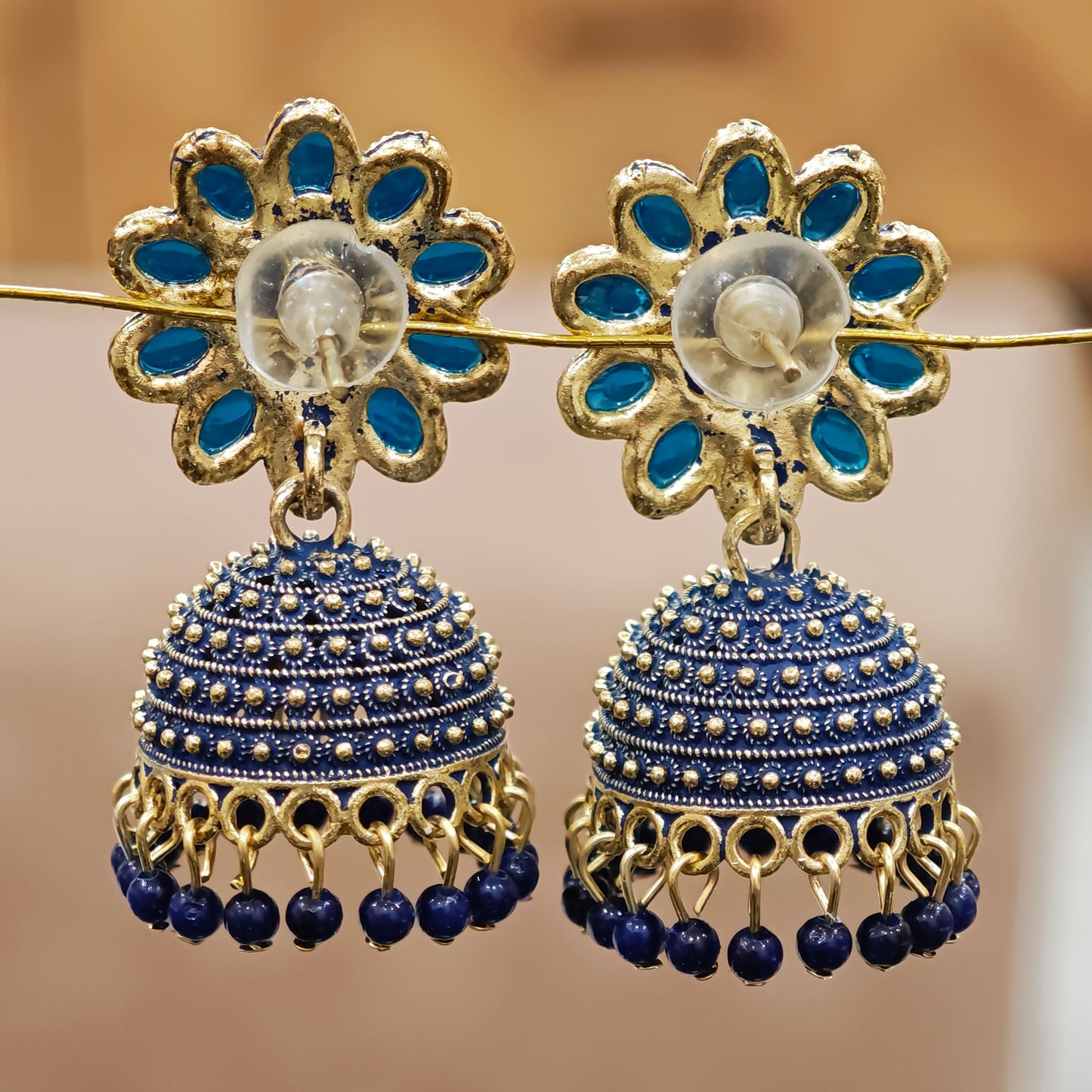 Peacock Blue Floral Top Dome Jhumki
