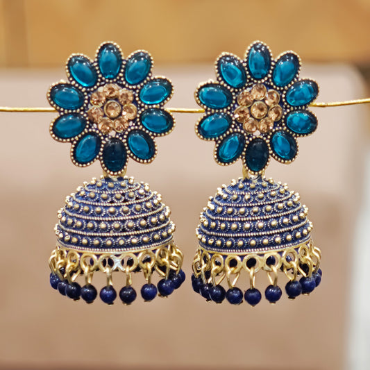 Peacock Blue Floral Top Dome Jhumki