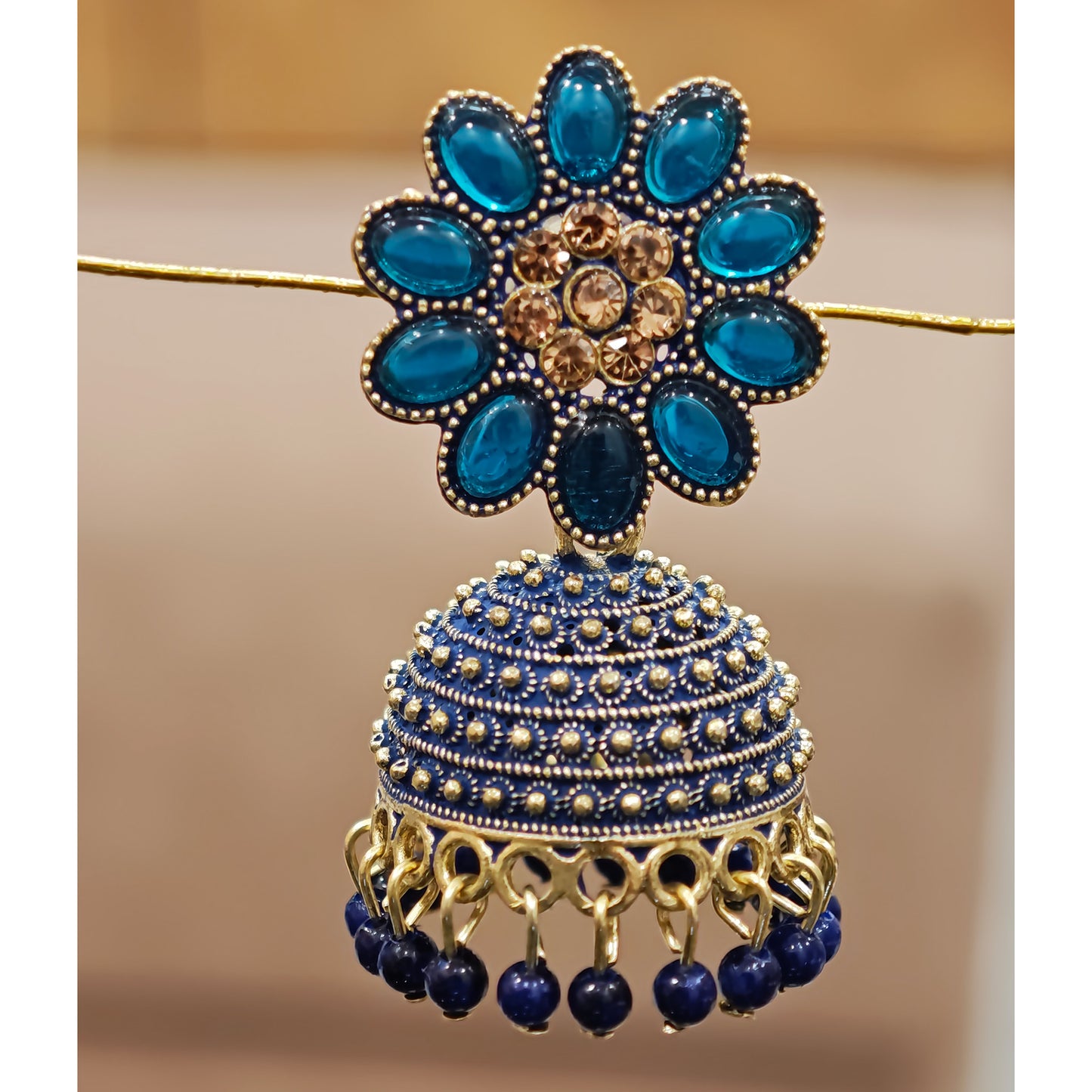 Peacock Blue Floral Top Dome Jhumki