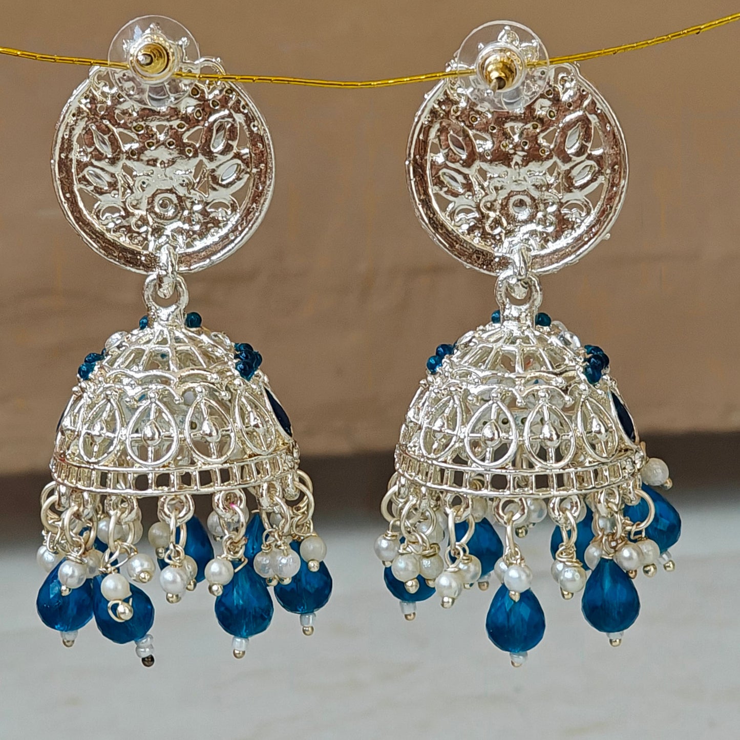 Peacock Blue Silver Kundan Styled Stone Jhumki