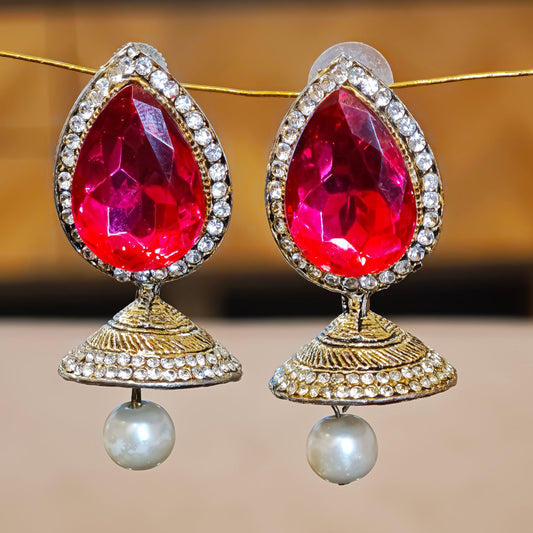 Pink Studded Pearl Latkan Jhumki