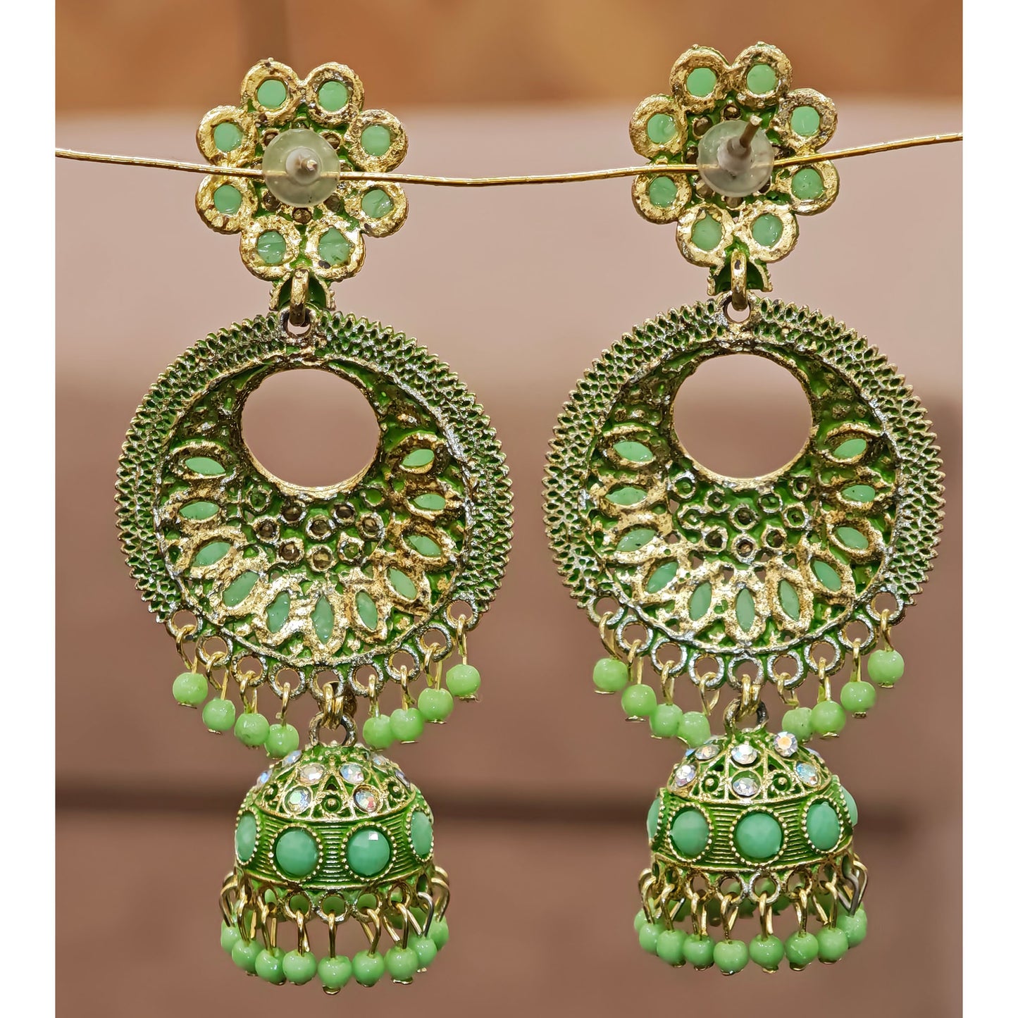 Pista Coloured Long Chandbali Jhumki