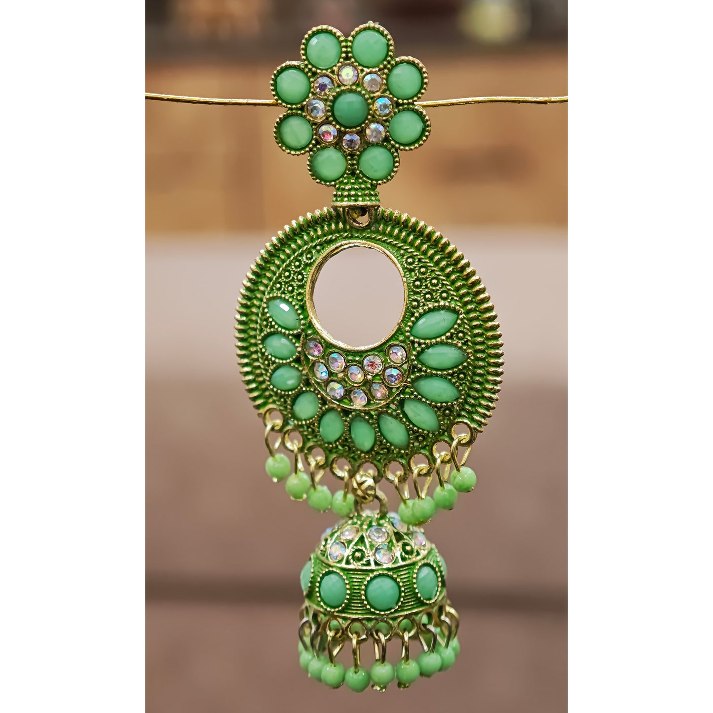 Pista Coloured Long Chandbali Jhumki