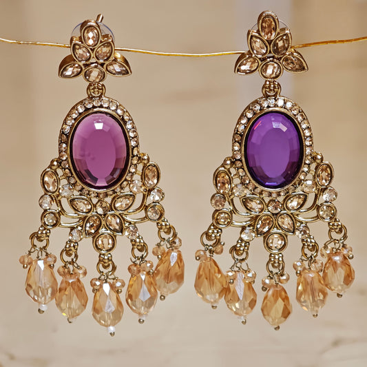 Purple Kundan Small Oval Shaped Dangler