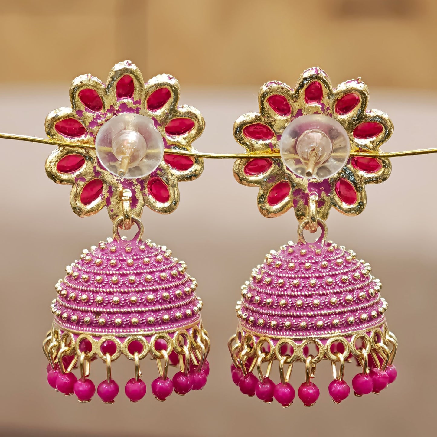 Rani Pink Floral Top Dome Jhumki