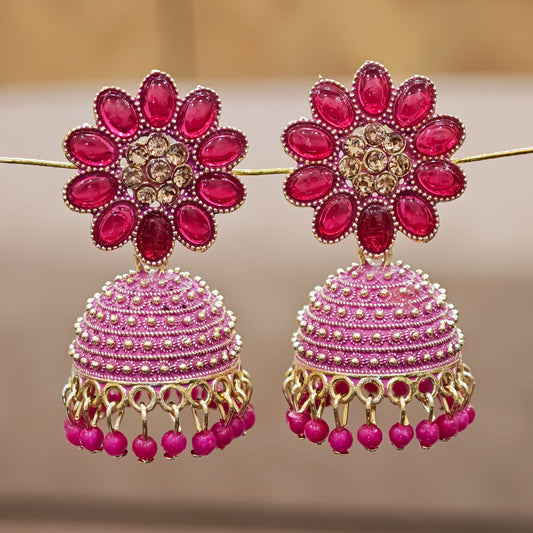 Rani Pink Floral Top Dome Jhumki