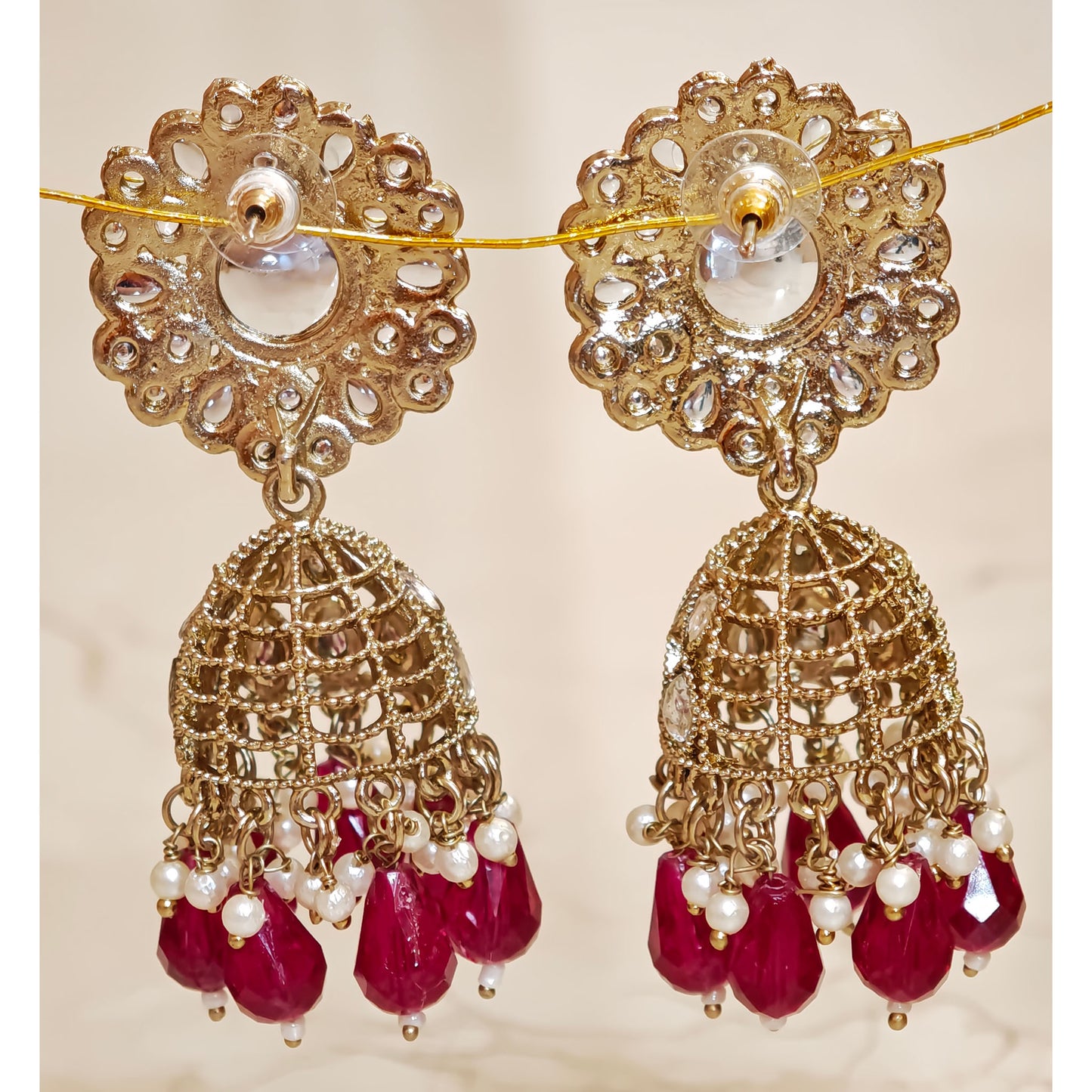 Rani Pink Kundan Floral Jaali Jhumki