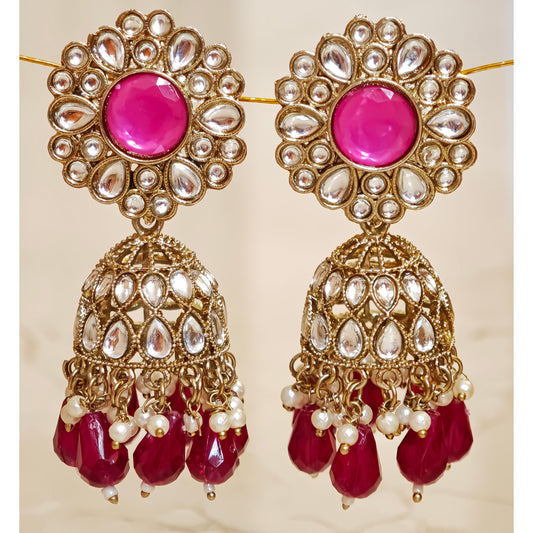 Rani Pink Kundan Floral Jaali Jhumki