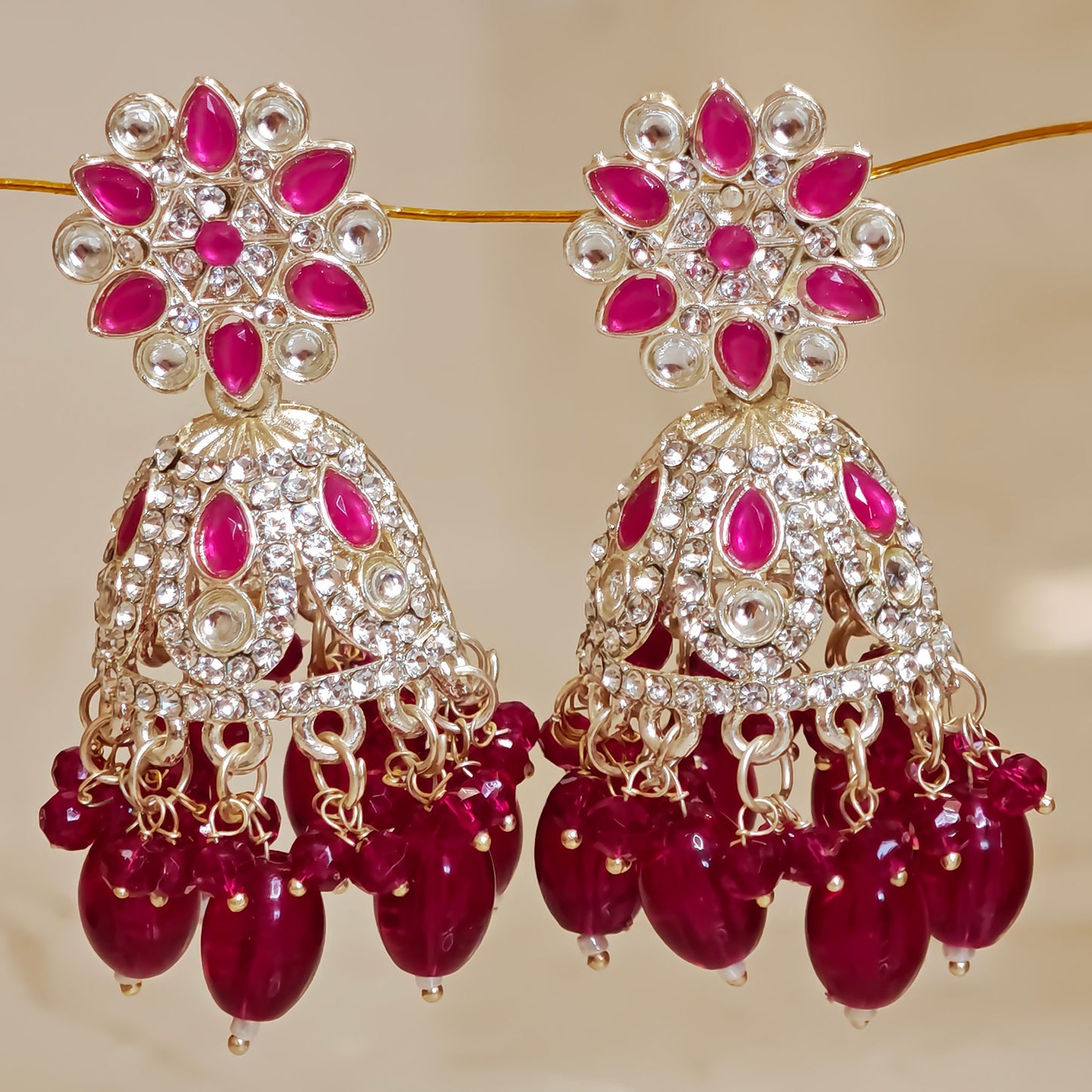 Rani Pink Silver Floral Jaali Jhumki