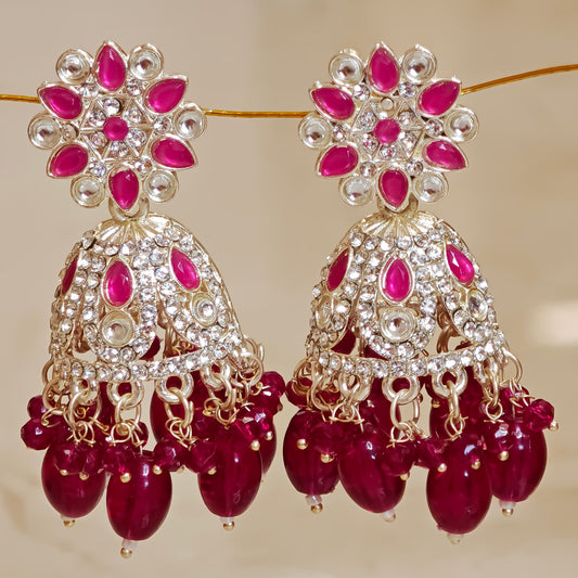 Rani Pink Silver Floral Jaali Jhumki