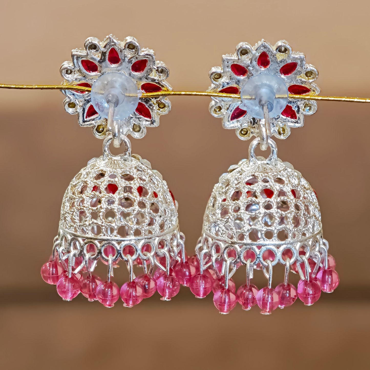 Rani Pink Silver Toned Floral Jhumki