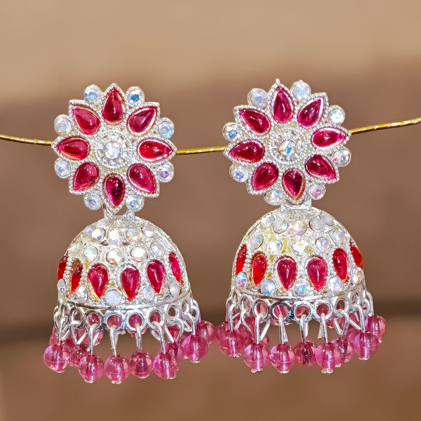 Rani Pink Silver Toned Floral Jhumki