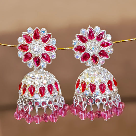 Rani Pink Silver Toned Floral Jhumki